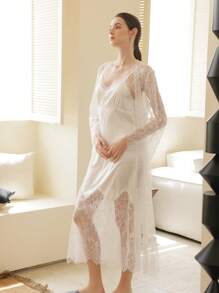 2 件女士优雅缎面蕾丝睡袍套装，迷人女士睡衣套装 - 白色 - 查看 6