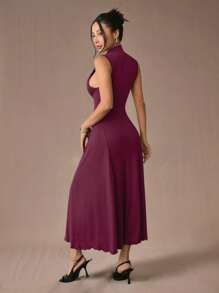 SHEIN PETITE 女士红色高领无袖连衣裙、秋季长裙、女士巡游连衣裙、优雅连衣裙、晚礼服、法式连衣裙、女士秋季连衣裙、舞会连衣裙、万圣节连衣裙、返校节连衣裙、女士沙滩裙、长裙、复古连衣裙 - 酒紅色 - 查看 2