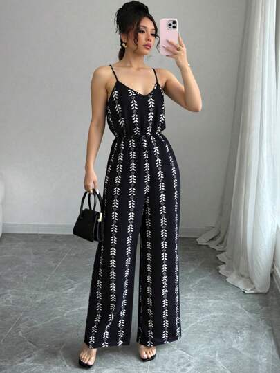 Elenzga Women's Full Print Loose Casual Wide Leg Jumpsuit