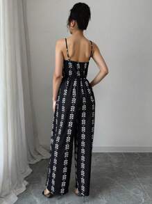 Elenzga 女式全印花宽松休闲阔腿连体裤 - 黑色 - 查看 2