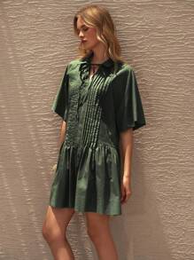 Lumivelle Women's Casual Loose Shirt Collar Ruched Tie-Up Gathered Mini Dress, Spring & Summer