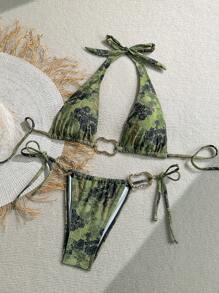 Soleia Vacation Women's Retro Colorful Printed Metal Accessory Necklace Tie Bikini Set - Green - View 6