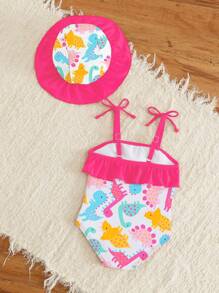 Newborn Girls Swimwear, Cute Bow Embellished Knitted Fabric, Cute Digital Polyester Dinosaur Print Fabric, With A Hat, Newborn Girl Seaside Swimsuit - Pink - View 2