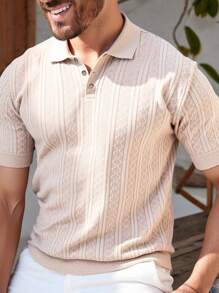 Manfinity Homme Men's Textured Polo Collar Short Sleeve Casual Knit Top - Beige - View 1