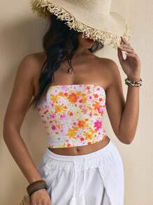 cha5rlie Crop Strappy Top With Orange Floral Pattern, Summer Beach Vacation Style - Orange - View 7