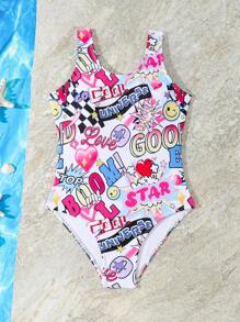 Tween Girls Random Cute Graffiti Print One-Piece Swimsuit, Perfect For Beach Vacation In Summer - Multicolor - View 5