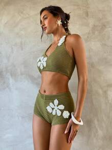 Aloruh Áo ba lỗ hở lưng cổ yếm dệt kim màu xanh lá cây dành cho nữ kèm quần short ống đứng cạp cao bó sát cho kỳ nghỉ ở bãi biển, mùa xuân/hè - Màu be - Xem 7