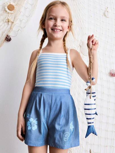 SHEIN Young Girl Summer Shell & Floral Print Pleated Loose Shorts