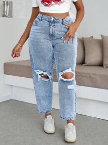 Dripcurv 大码宽松破洞锥形七分裤长牛仔裤，蓝色 - 淺色水洗藍 - 查看 3