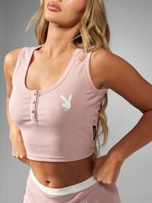Missguided x Playboy Conjunto de pijama de dos piezas con top corto acanalado y shorts para Navidad - Rosa - Ver 5