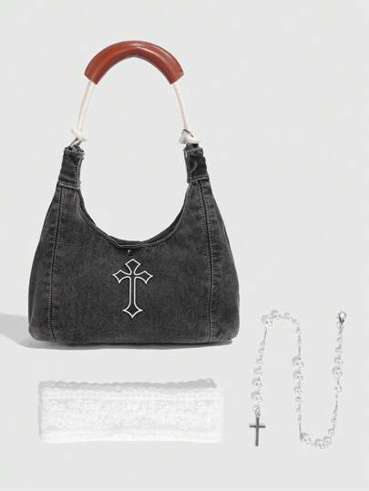 Grunge Punk 1 pièce Sac à main rétro, sac fourre-tout décoré d'une croix bicolore, sac à bandoulière avec nœud en dentelle, style doux et cool, convient pour le printemps et l'été
