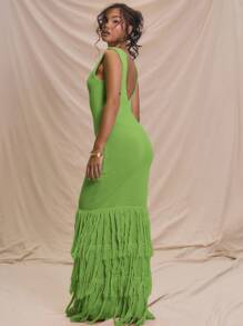 MUSERA Sleeveless Ribbed Maxi Dress Fray Hem Detail Summer Holiday Vacation Dress Ibiza Beach Fall Night Out Autumn Winter Date Night Nashville Chic Spring - Green - View 3