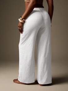 MISSGUIDED Wide Leg Linen Feel Beach Resort Drawstring Pants Lounge Palazzo Vacation Summer Trousers Casual Comfort Elastic Waist