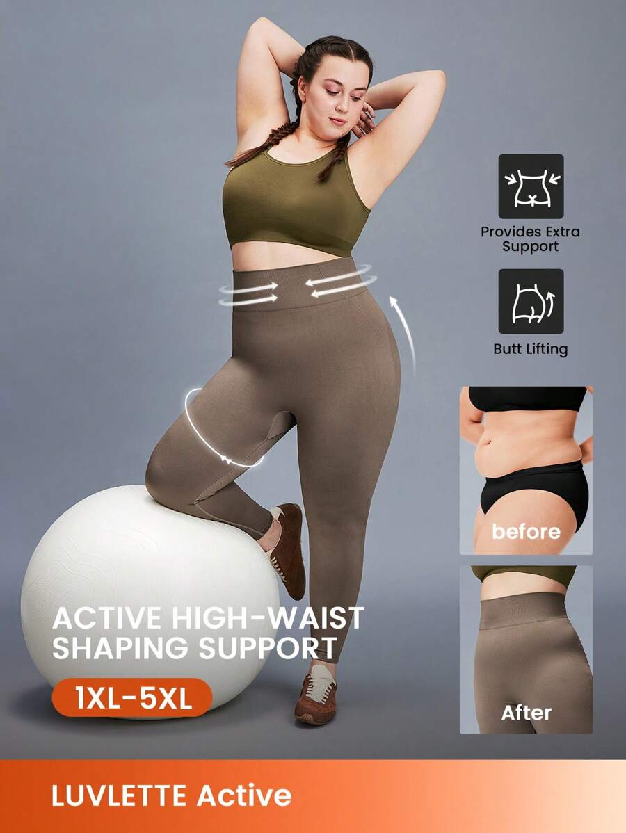 LUVLETTE Plus Women's Seamless Wide Waistband Waist Elegance Yoga Fitness Active Gym Basic Leggings - Brown - View 1