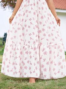 KURAYIA Plus Size Women Square Neck Sleeveless Romantic Holiday Drawstring Waist Digital Print White Dress, Spring/Summer - Pink - View 3