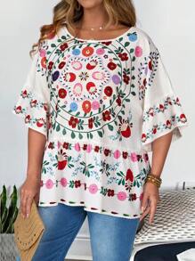 EMERY ROSE Camicia casual da donna con collo rotondo e stampa, adatta alle taglie comode, ideale per le vacanze - Multicolore - Visualizzare 4