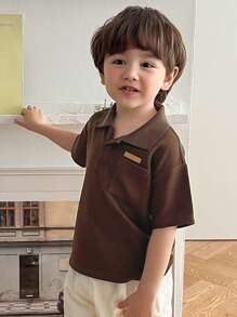 DAZY 男童印花口袋Polo领短袖休闲T恤 - 棕色 - 查看 5