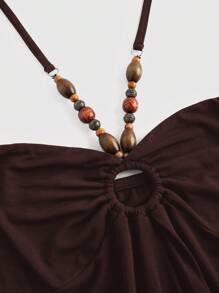 ROMWE Hippie Y2K Vintage Sexy Beaded Decor Patchwork Leopard Print Women's Halter Neck Bodycon Mini Dress - Brown - View 3