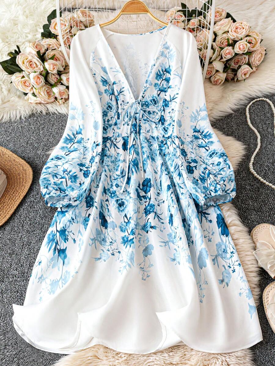 SHEIN LUNE Vestido maxi de manga larga con cuello en V, estampado floral y lazo falso para mujer talla grande, azul y blanco, elegante, para primavera/verano