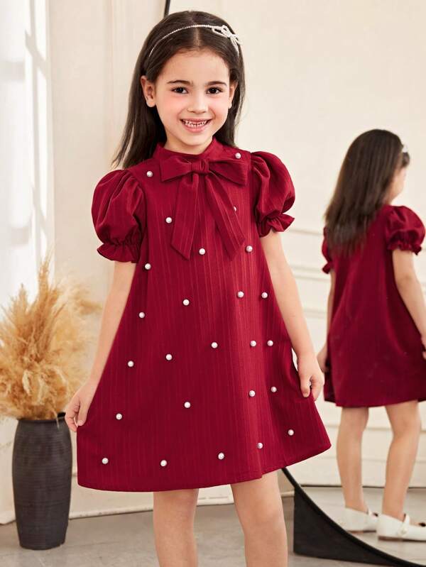 SHEIN Young Girl Chic Elegant Fitted Pearl Decor Puff Sleeve A-Line Woven Texture Solid Color Dress