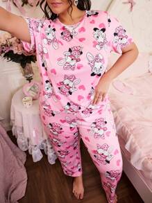 Slumberry CURVE Söt söt kanin & hjärta Print Plus Size Pyjamas Set - Rosa - Visa 4