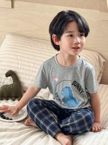 SHEIN Little Byeori Young Boy Cartoon Dinosaur Print Round Neck Short Sleeve T-Shirt And Plaid Pattern Pajama Pants 2 Pieces Sleepwear Set, Casual & Comfortable - Multicolor - View 3