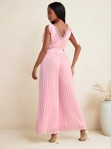 Young Addiction Pink Solid Chiffon Pleated Lace Trim V Neck Wide Leg Pants Jumpsuit For Women Summer Outfit