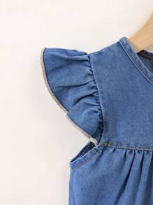 Girls Casual Preppy Style Blue Woven Denim Skater Dress With Bow Decor, For Toddler - Blue - View 4