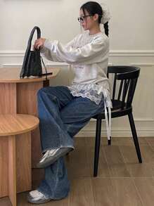 DAZY 女式蕾丝网带装饰迷你裙，荷叶边 - 白色 - 查看 2