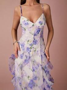 Enchnt Vestido deslizante elegante de gasa con estampado floral, patchwork y dobladillo con volantes para mujer