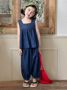 DAZY 少女牛仔两件套服装 - 寶藍色 - 查看 6