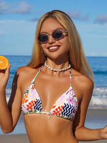 SHEIN Swim Women's Summer Beach Music Festival Star Pendant Halter Sweet And Cute Pattern Printed Bikini Top - Multicolor - View 7