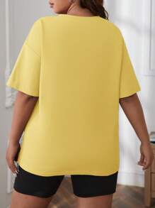 SHEIN EZwear 大码纯色圆领短袖T恤，夏季时尚 - 黃色 - 查看 2