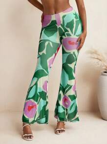 JIAN LASALA Pantaloni lunghi in rete con stampa floreale estiva, pantaloni casual da donna per vacanze, abiti vintage hawaiani, pantaloni ankara, abbigliamento da resort, outfit da rave, pantaloni da festival, abbigliamento da ritorno a casa sexy per donna