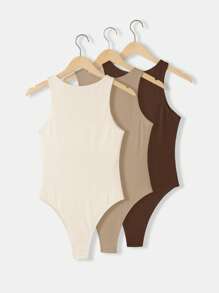 SHEIN BASICS 3pcs/Set Casual Round Neck Sleeveless Solid Color Slim Knit Bodysuit For Women