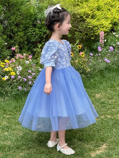 DAZY 女童串珠圆领泡泡袖网纱派对短袖连衣裙，夏季