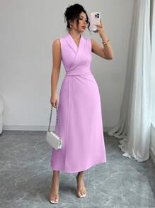 Elenzga Women Solid Color Shawl Collar Wrap Hem Fitted Elegant Sleeveless Dress - Mauve Purple - View 5
