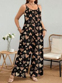 EMERY ROSE Plus Size Heart Print Fashionable Jumpsuit, Suitable For Summer - Black - View 4
