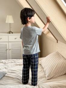 SHEIN Little Byeori Young Boy Cartoon Dinosaur Print Round Neck Short Sleeve T-Shirt And Plaid Pattern Pajama Pants 2 Pieces Sleepwear Set, Casual & Comfortable - Multicolor - View 2