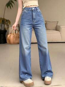 DAZY Women's Simple Casual Straight Leg Front Button Multi-Pocket Jeans