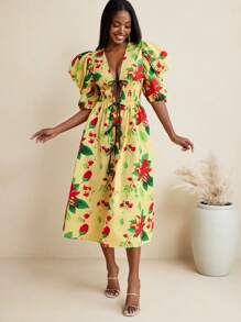BELANGE HANDMADE Abito donna con stampa floreale, maniche corte a palloncino, vita arricciata, fiocco e spacco al ginocchio, adatto per vacanza e tempo libero
