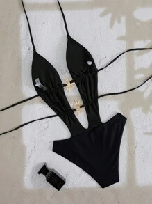 Swim Chiccia Women's Summer Casual Sexy Solid Color Hollow Front Tether One-Piece Swimsuit With Metal Decorations, Suitable For Beach And Travel