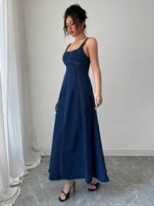 Elenzga 休闲优雅女式牛仔连衣裙 - 藍色 - 查看 6