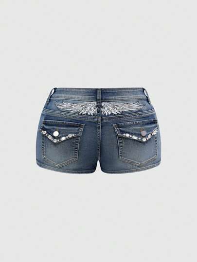 Grunge Punk Plus Size Butterfly Embroidery Pocket Rhinestone Sexy Denim Shorts