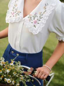 Vintamour Vintage Elegant Women Embroidery Collar Ruffle Blouse, White Short Sleeve Fitted Blouse For Spring/Summer Mother Day Mom Tops Vacation Festival Teacher