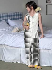 DAZY Tuta a righe lavorata a maglia da ragazza taglia comoda, abbigliamento da casa per l'autunno