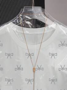 SHEIN EZwear CURVE Women's T-Shirt With All-Over Bow Rhinestone Glitter Design - White - View 3