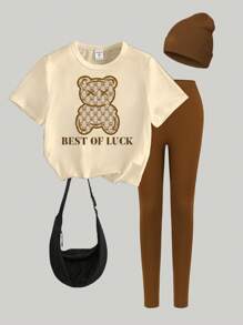 Sparklyn Conjunto de 2 piezas con camiseta de cuello redondo y leggings con estampado floral de oso para niñas preadolescentes de moda casual