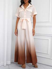 SHEIN Clasi Women Ombre Print Short Sleeve Jumpsuit - Apricot - View 4