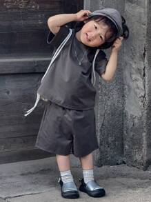 DAZY 幼儿男童圆领休闲纯色短袖T恤和短裤套装 - 灰色 - 查看 1